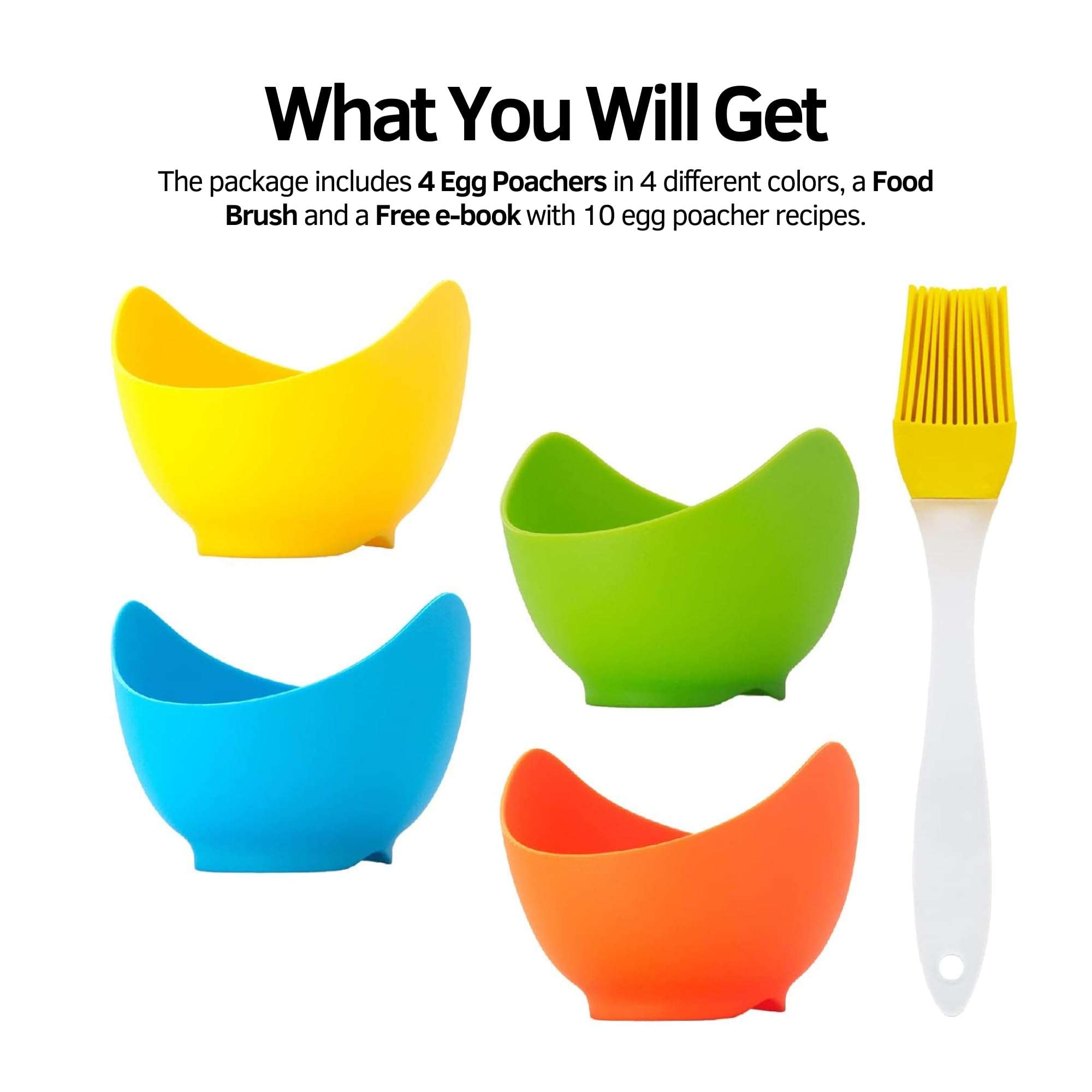 Sizzle Kitch Egg Poachers Silicone Egg Poacher Cups Nonstick Egg Poaching Cups Poached Egg Cooker for Stove Top Microwave Air Fryer, BPA Free 4 Pack Egg Cooking Cups with Extra Oil Brush Recepies