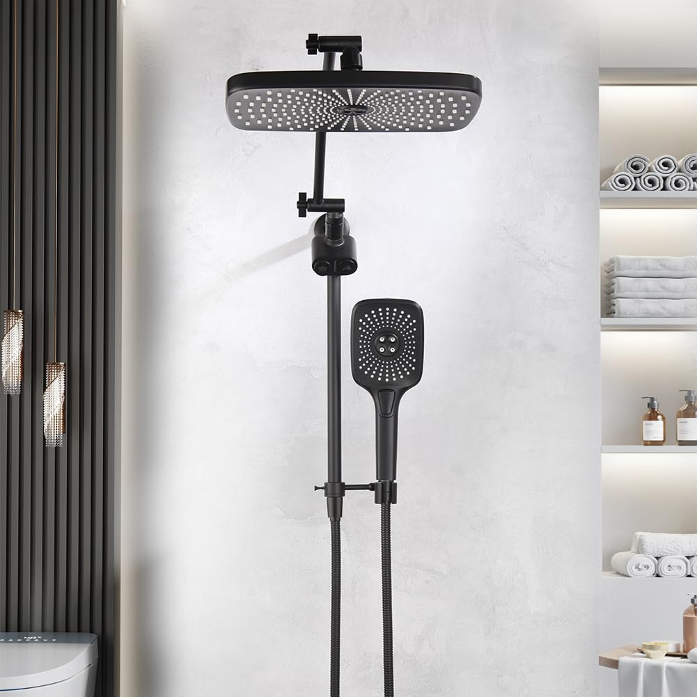 POP SANITARYWARE Shower Head with Handheld Matte Black, High Pressure 12 Inch Showerhead with Wand Built-in Power Wash, 71 Inch / 6 ft Hose, Press Button 4-Way Diverter, Adjustable Extension Arm