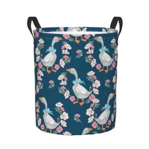 delerain cute goose and flowers laundry basket, waterproof laundry hamper with handles, collapsible toy bins dirty clothes round storage basket for home bathroom office nursery, 19.6x15.7(m)