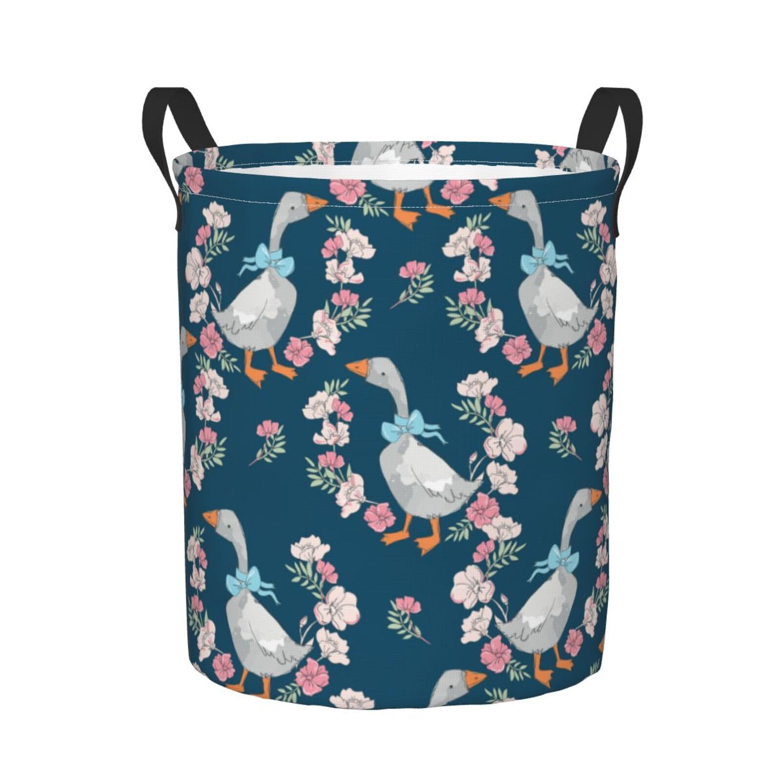 Delerain Cute Goose and Flowers Laundry Basket, Waterproof Laundry Hamper with Handles, Collapsible Toy Bins Dirty Clothes Round Storage Basket for Home Bathroom Office Nursery, 19.6X15.7(M)