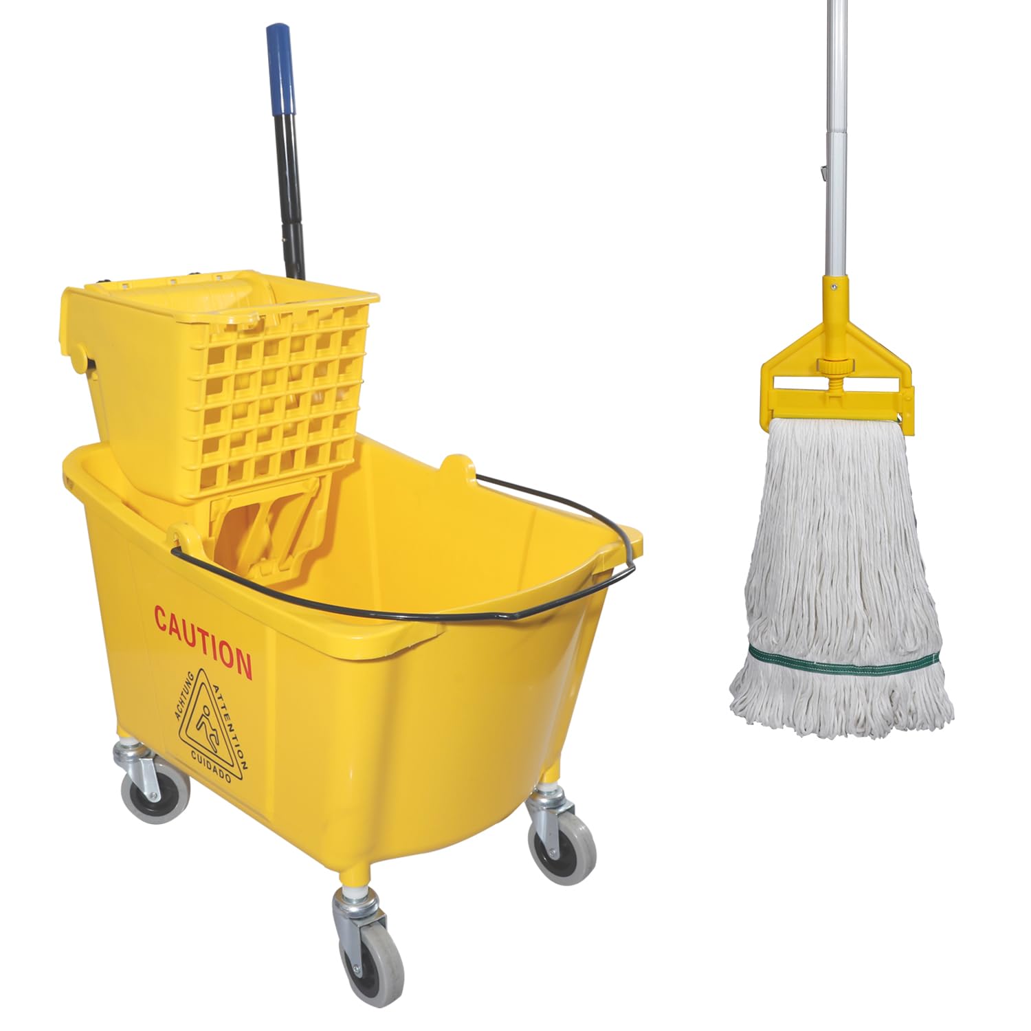 Midoneat Commercial Mop Bucket with Side Press Wringer on Wheels, Including One Commercial Mop, 35 Quart, Yellow