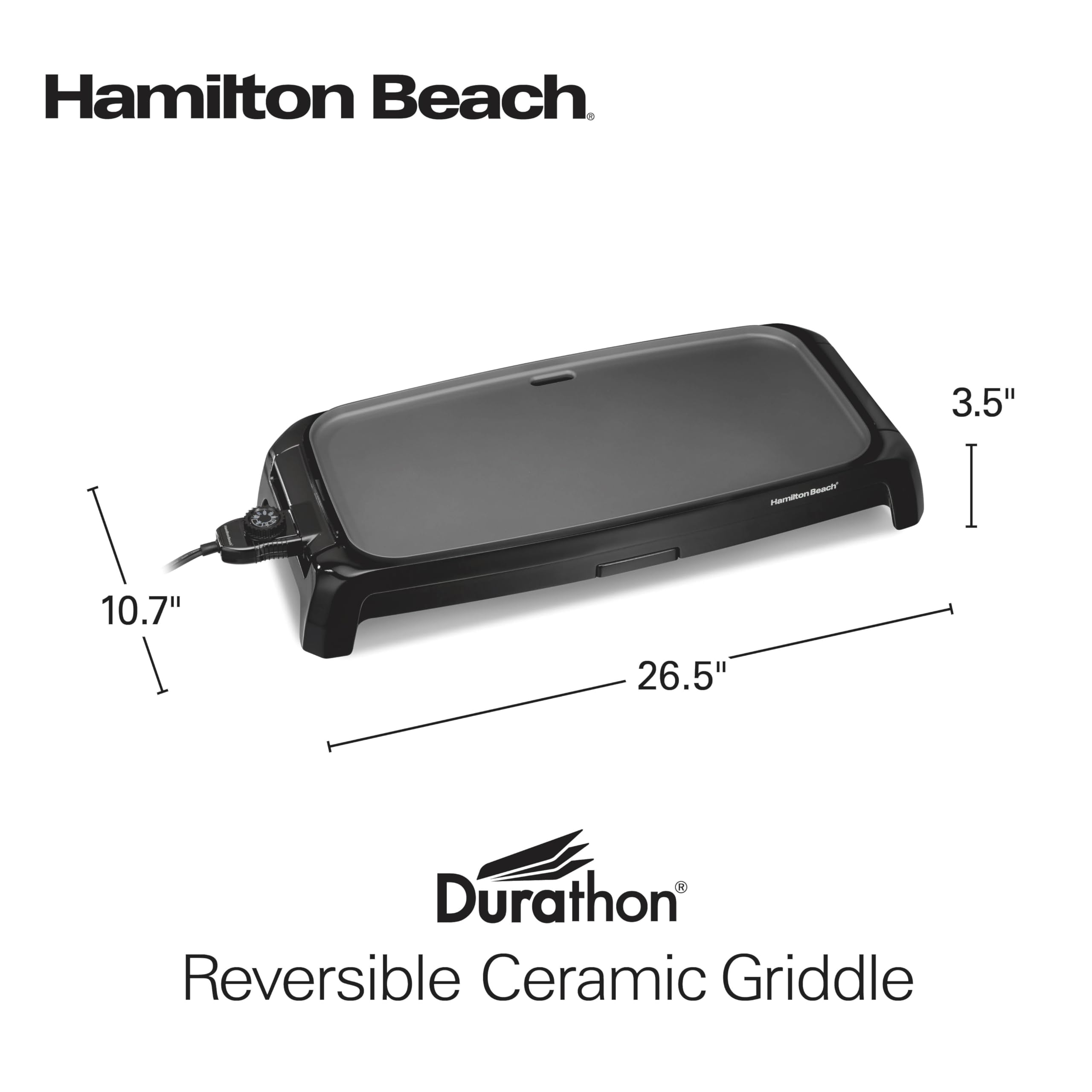 Hamilton Beach 200 Sq. In. Electric Griddle With Adjustable Temperature for 200 to 400 degrees, PTFE & PFOA Free Durathon Ceramic Reversible Nonstick Surface, Black (38522)