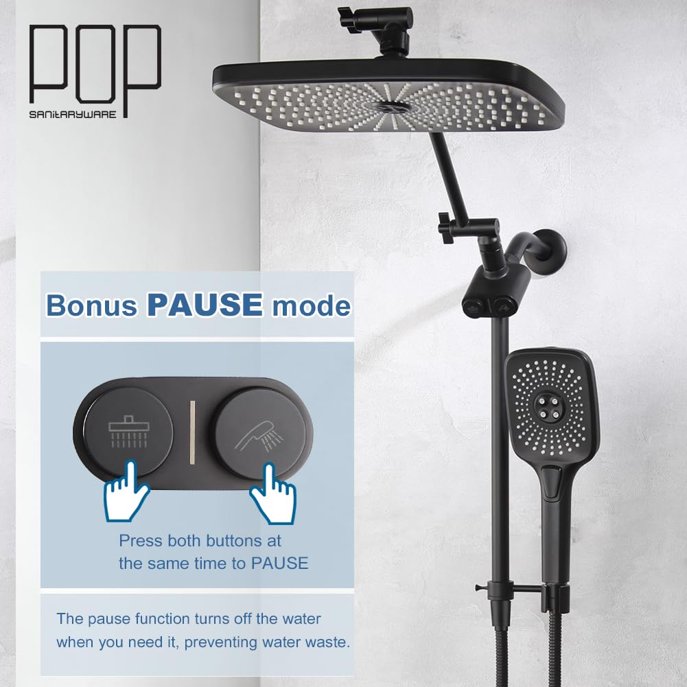 POP SANITARYWARE Shower Head with Handheld Matte Black, High Pressure 12 Inch Showerhead with Wand Built-in Power Wash, 71 Inch / 6 ft Hose, Press Button 4-Way Diverter, Adjustable Extension Arm