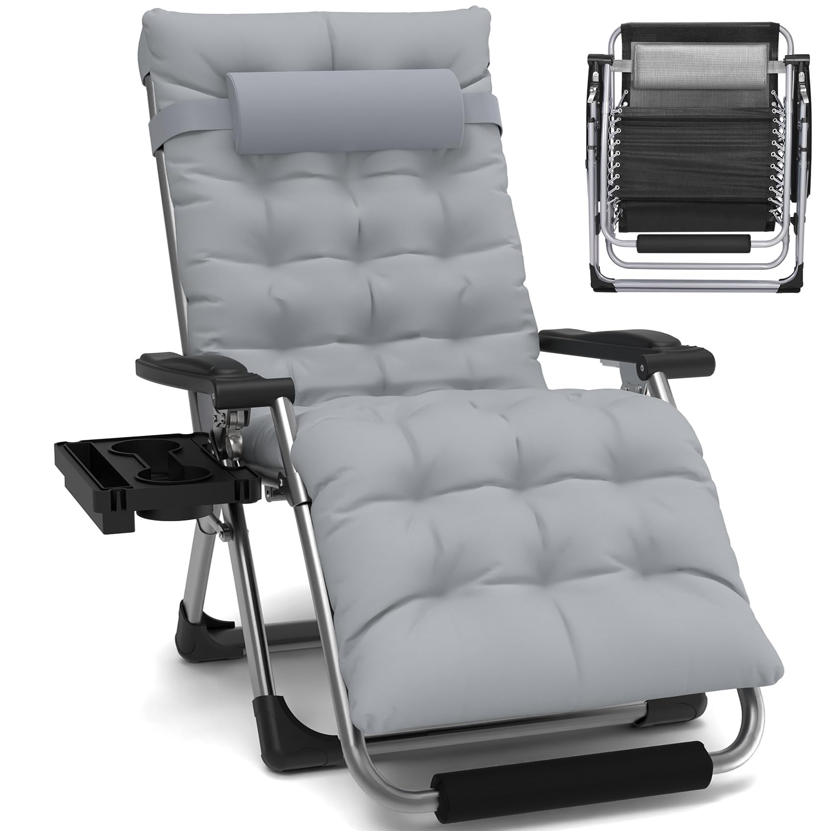 Slendor Oversized Zero Gravity Chairs XL, Padded Anti Gravity Chair, 29in Zero Gravity Lounge Chair, Folding Reclining Chair w/Aluminum Alloy Lock, Headrest, Cup Holder, Support 440lbs, Gray