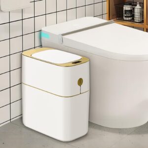 JOYBOS Bathroom Trash Can with Automatic Touchless Lid,4 Gallon Slimline Privacy Garbage Can with Motion Sensor and Waterproof Design for Bathroom, Bedroom, Toilet, Office White with Gold