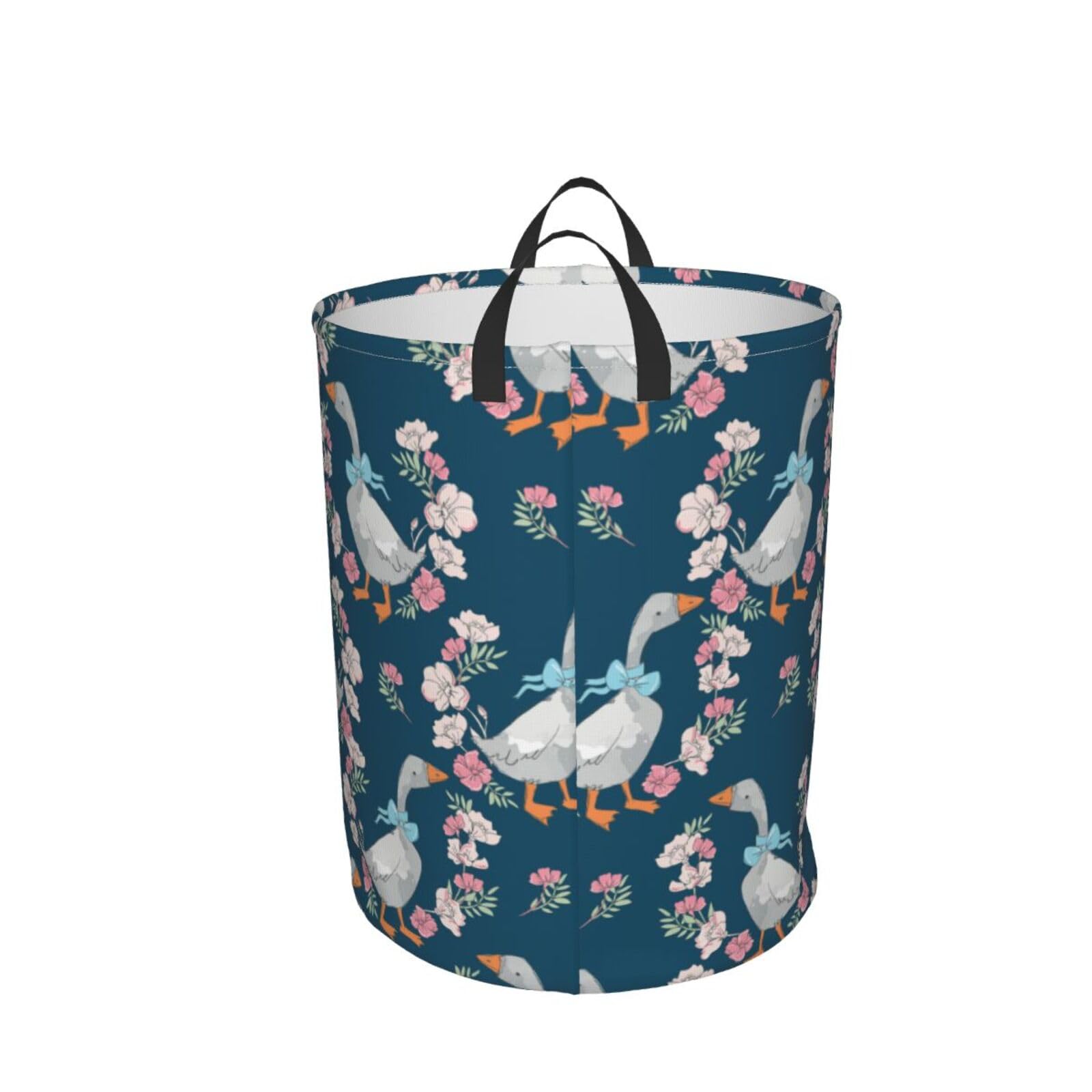 Delerain Cute Goose and Flowers Laundry Basket, Waterproof Laundry Hamper with Handles, Collapsible Toy Bins Dirty Clothes Round Storage Basket for Home Bathroom Office Nursery, 19.6X15.7(M)