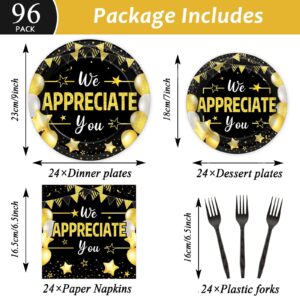 96Pcs We Appreciate You Party Plates and Napkins for Employee Staff Appreciation Black Gold Party Supplies Work Anniversary Themed Plate Thank You Tableware Set for Teacher 24 Guests Party Decorations