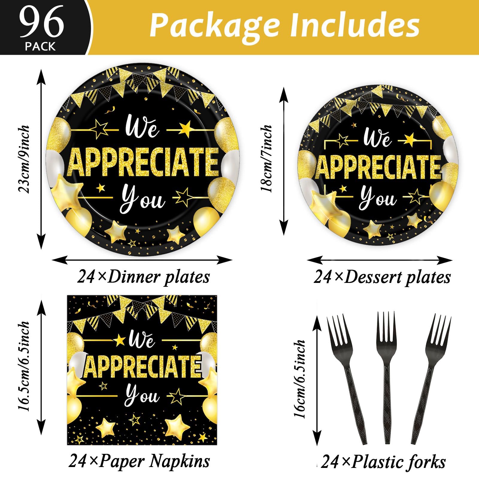 96Pcs We Appreciate You Party Plates and Napkins for Employee Staff Appreciation Black Gold Party Supplies Work Anniversary Themed Plate Thank You Tableware Set for Teacher 24 Guests Party Decorations