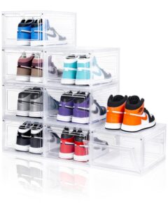 lzerking shoe organizer 8 pack with magnetic doors, thickened sturdy boxes, stackable shoe containers for sneakers, boots, hats, bags; fits up to us size 12 (13.3x10.5x7.4, white)