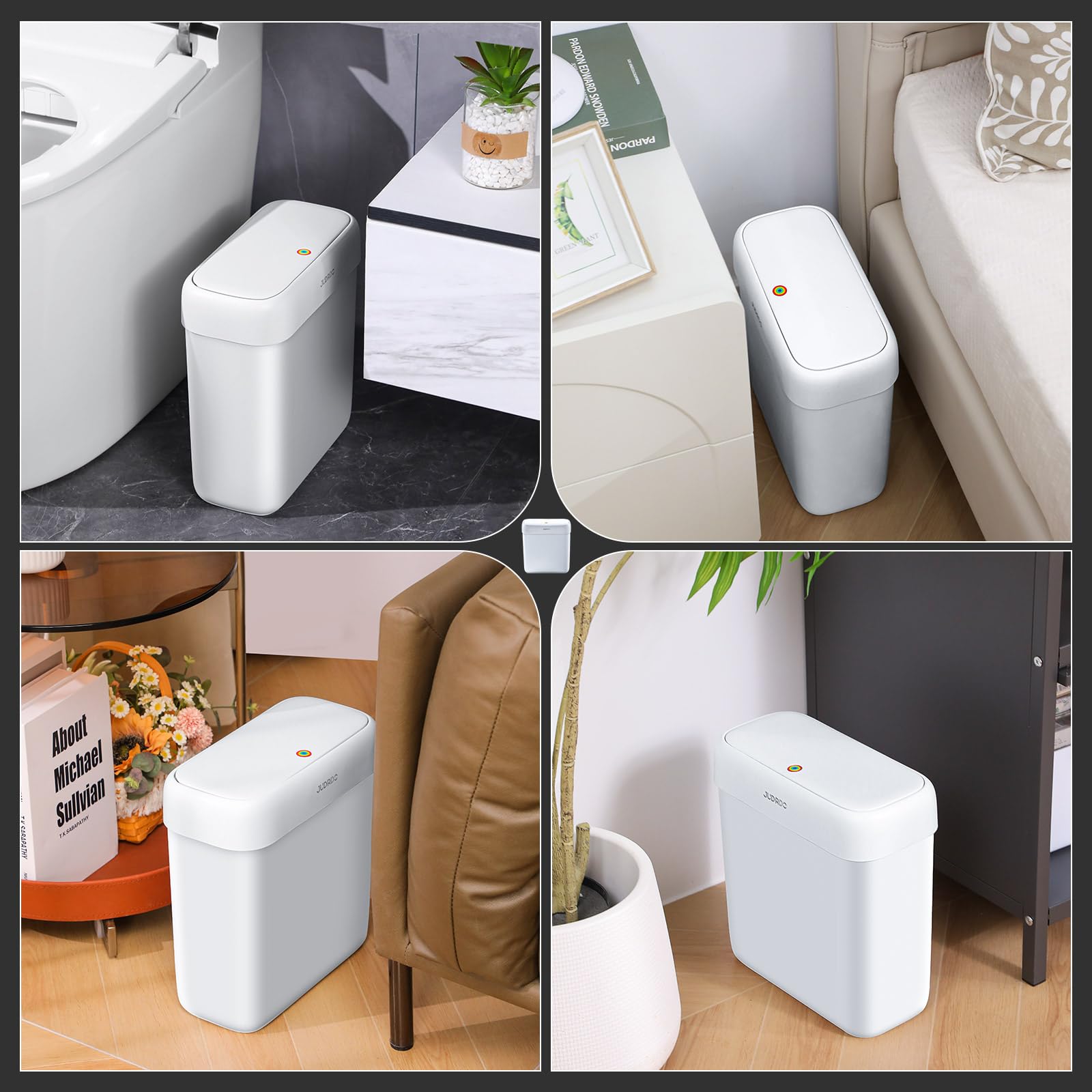 JUDRDO Small Bathroom Trash Can with Lid, 2.7 Gallons Slim Plastic Garbage Bin with Pop-Up Lid, Mini Wastebasket Can Dog Proof for Kitchen, Bedroom, Office, Laundry, Toilet, Rv, White