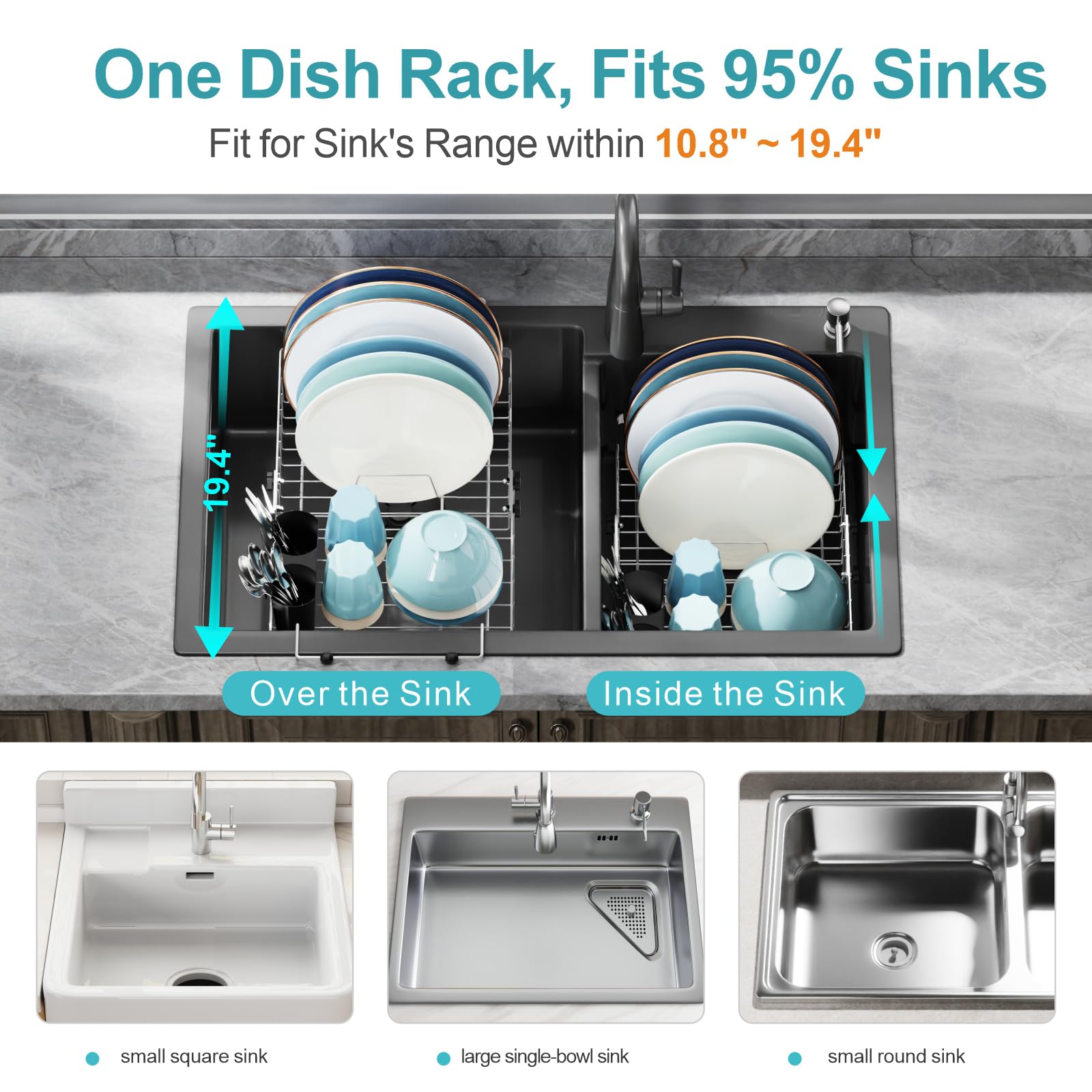 GSlife Expandable in Sink Dish Drying Rack - Stainless Steel Capacity Adjustable Over The Sink Dish Rack (10.8''-17.9''), Dish Drainer for Kitchen Sink Counter with Utensil Holder, Silver