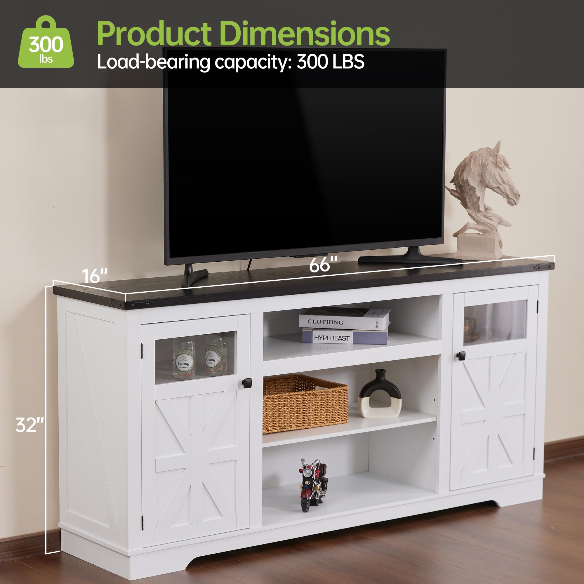 Real Relax Farmhouse TV Stand Perfect for 65" TV Cabinet, 32" Tall Entertainment Center, with Storage Shelves, MDF, Adjustable partitions, Rustic Media Console, Suitable for Living Room, White