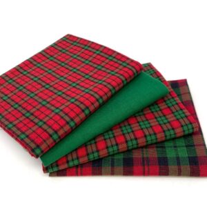 Set of 4 Fat Quarters, Christmas Red & Green Assorted Plaid Gingham Precut Fabric Homespun Cotton Bundle by JCS