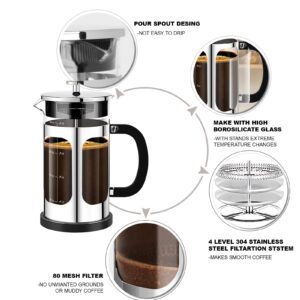 YMMIND French Press Coffee Maker (34oz 1Quart 5-6Cup) Coffee Press, with 4 Filters System, Heat Resistant Thickness Borosilicate Glass, Cold Brew Coffee Tea Pot Gifts (Silvery)