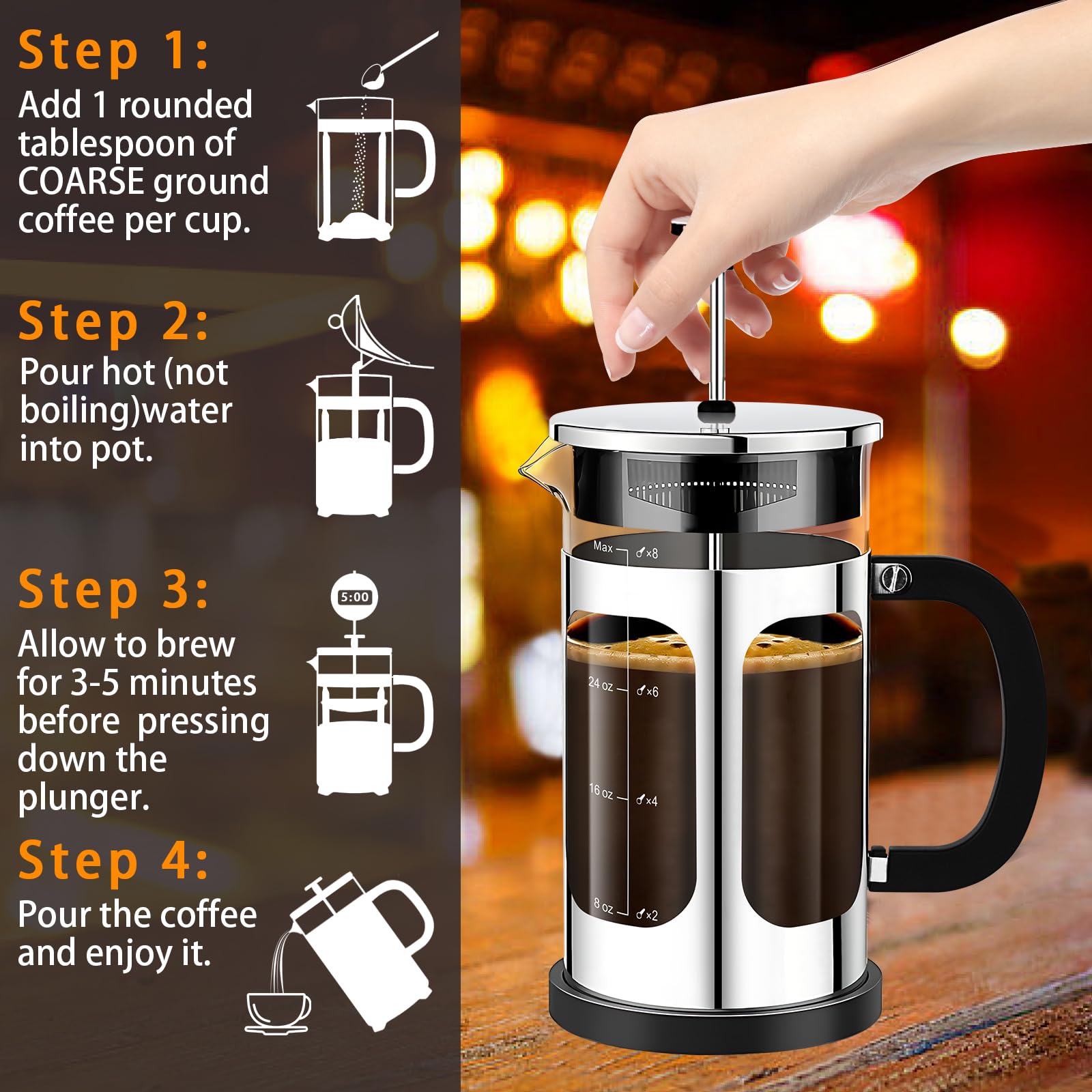 YMMIND French Press Coffee Maker (34oz 1Quart 5-6Cup) Coffee Press, with 4 Filters System, Heat Resistant Thickness Borosilicate Glass, Cold Brew Coffee Tea Pot Gifts (Silvery)