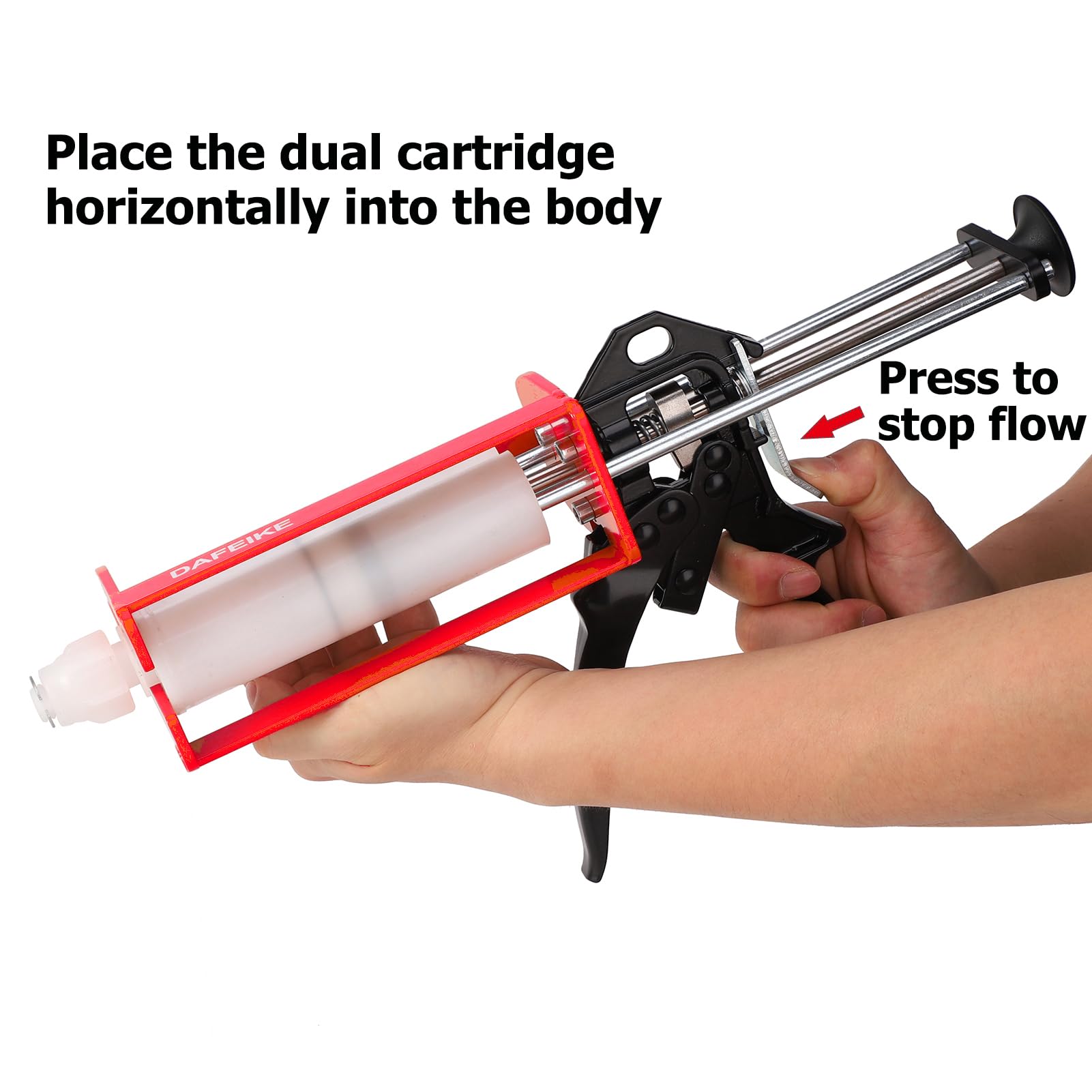 DAFEIKE Epoxy Gun Dual Component Caulking Gun Manual Double Cartridge Caulk Gun Panel Bond Adhesive Applicator for 200 ml/6.75 fl oz Mix Ratio 1:1 and 2:1 e.g. 08115 08116, Red