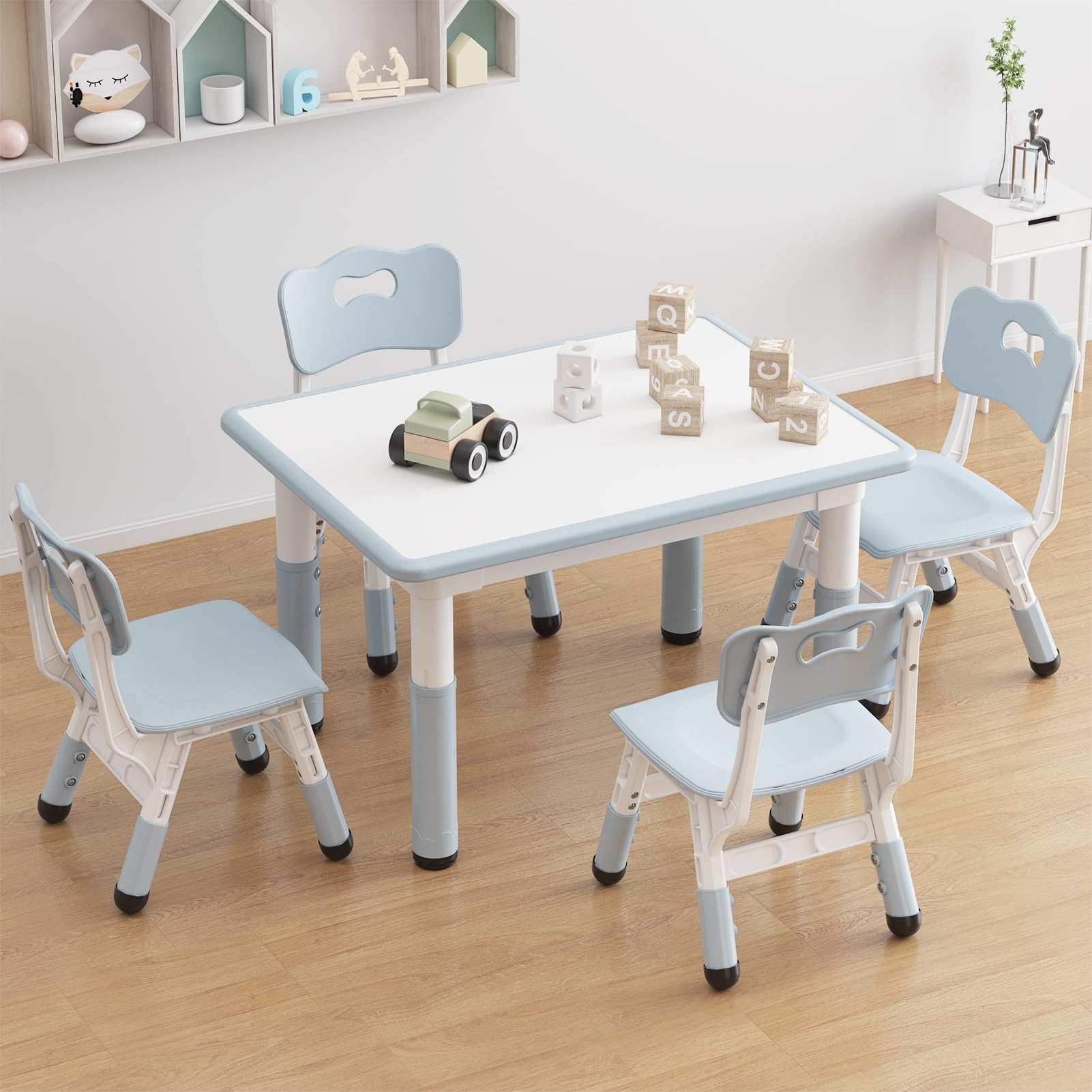 Kids Table and Chair Set, Height Adjustable Toddler Table and 4 Chairs Set for Ages 2-10, Graffiti Desktop, Non-Slip Legs, Arts & Crafts Table, Children Activity Table for Daycare Classroom Home