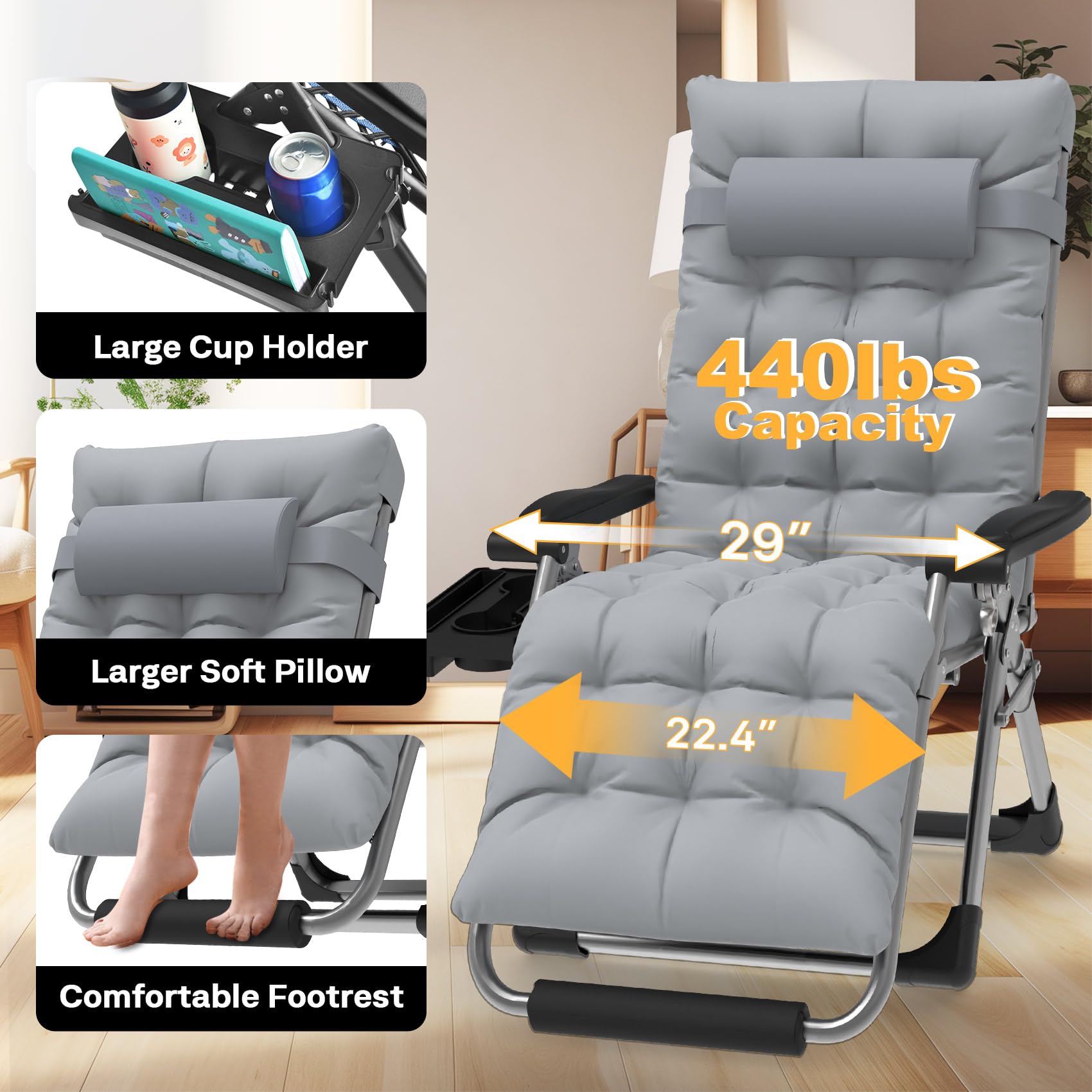 Slendor Oversized Zero Gravity Chairs XL, Padded Anti Gravity Chair, 29in Zero Gravity Lounge Chair, Folding Reclining Chair w/Aluminum Alloy Lock, Headrest, Cup Holder, Support 440lbs, Gray