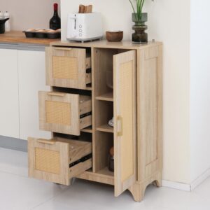 ALBAD Rattan Sideboard Cabinet with Drawers and Doors Boho Narrow Buffet/Storage Cabinets with Wood Adjustable Shelf Farmhouse Coffee Bar Cabinet for Living/Dining Room, Bathroom, Kitchen