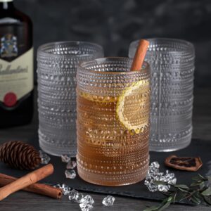 LEYU 15oz Hobnail Drinking Glasses Set of 8, Vintage Glassware Sets for Water Cocktail Whiskey and Mixed. kitchen and Bar Beaded Glass Cups, Clear Bubble Glassware Sets