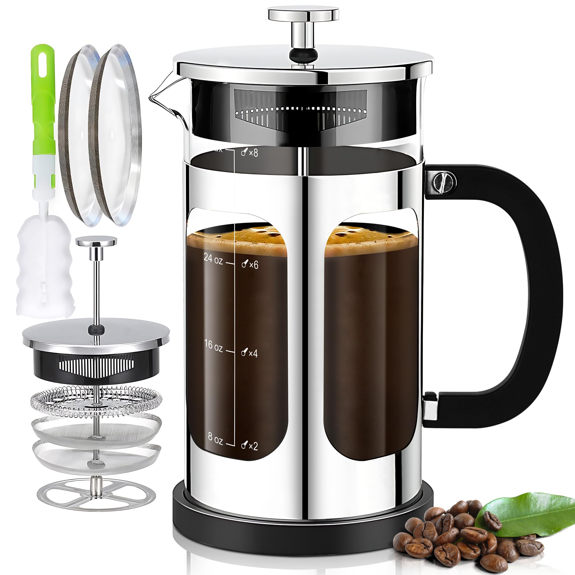 YMMIND French Press Coffee Maker (34oz 1Quart 5-6Cup) Coffee Press, with 4 Filters System, Heat Resistant Thickness Borosilicate Glass, Cold Brew Coffee Tea Pot Gifts (Silvery)