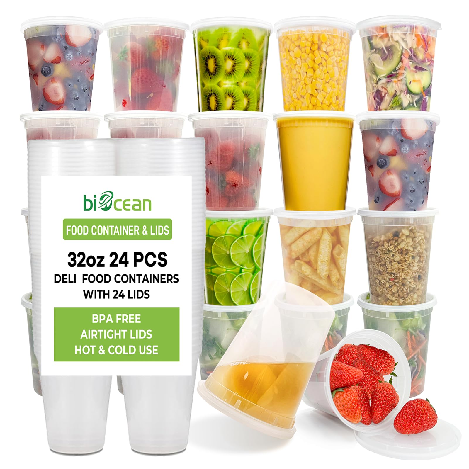 biocean 32 Oz Resuable Deli Containers With Lids Freezer Food Storage Containers Airtight Bulk 24 Set BPA-Free Plastic Soup Container Microwave Leakproof Deli Cups For Meal Prep,Leftover-Home/Takeout