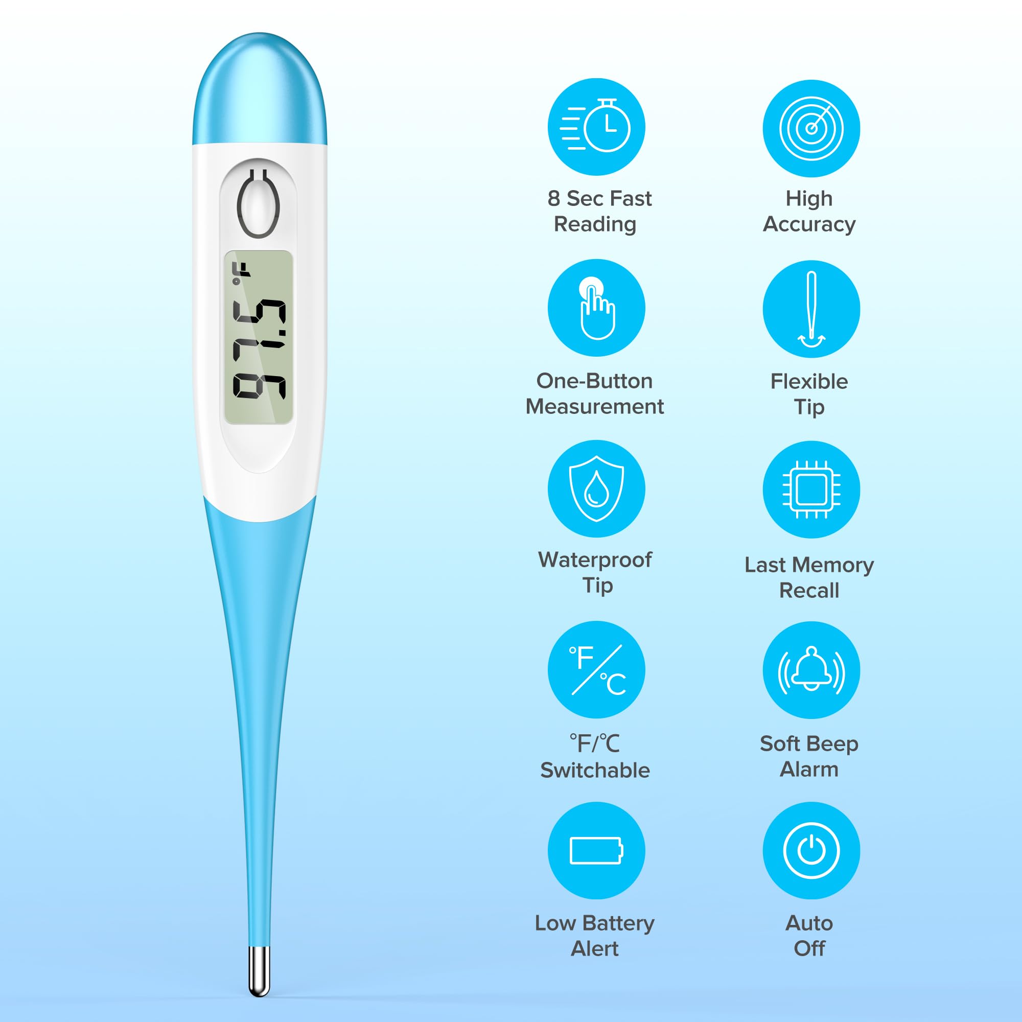 Thermometer for Adults with 8 Seconds Fast Accurate Reading, Baby Thermometer for Oral, Rectal or Under Arm Use, Digital Thermometer with Fever Alarm, Large LCD Display