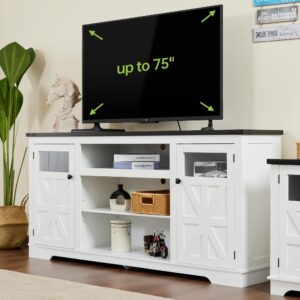 real relax farmhouse tv stand perfect for 65" tv cabinet, 32" tall entertainment center, with storage shelves, mdf, adjustable partitions, rustic media console, suitable for living room, white