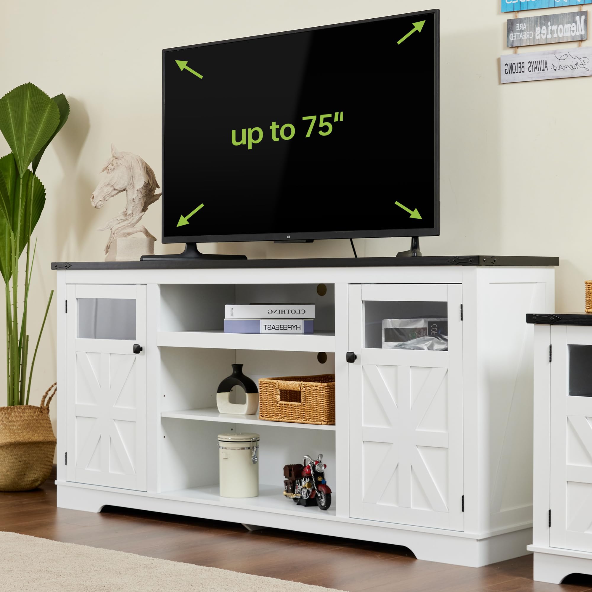 Real Relax Farmhouse TV Stand Perfect for 65" TV Cabinet, 32" Tall Entertainment Center, with Storage Shelves, MDF, Adjustable partitions, Rustic Media Console, Suitable for Living Room, White