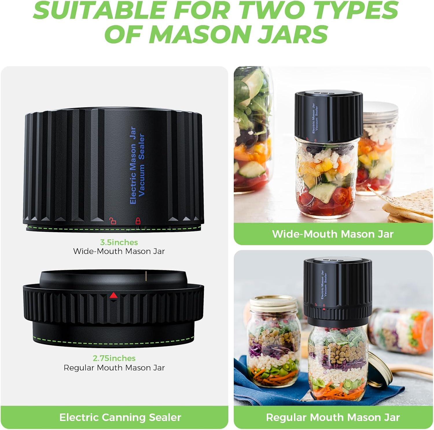 YANOY 𝗔𝗨𝗧𝗢 𝗦𝗧𝗢𝗣 Mason-Jar-Vacuum-Sealer for Mason Genie(Vacuum Sealer Kit for Wide and Regular Mouth Canning Jar Lids) Ever Jar Vacuum Sealer for Mason Jars Canning Supplies Food Storage