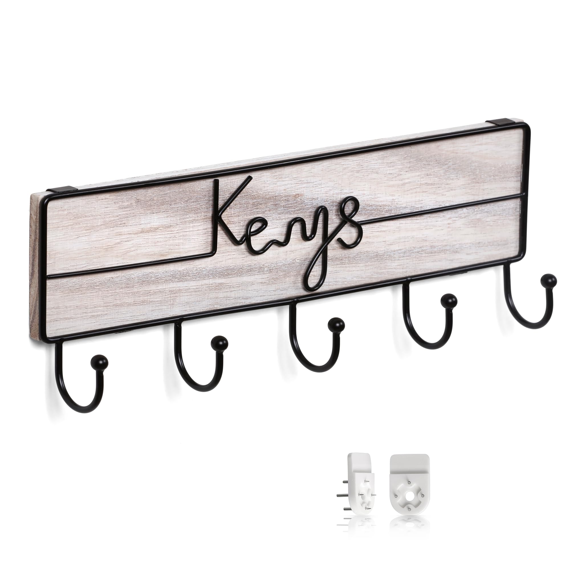 SNAP INVENT Wall Mounted Key Hooks for Hanging and Holding Keys - Entryway Keys Organizer - Handmade Metal Ornament with Natural Wood (White)