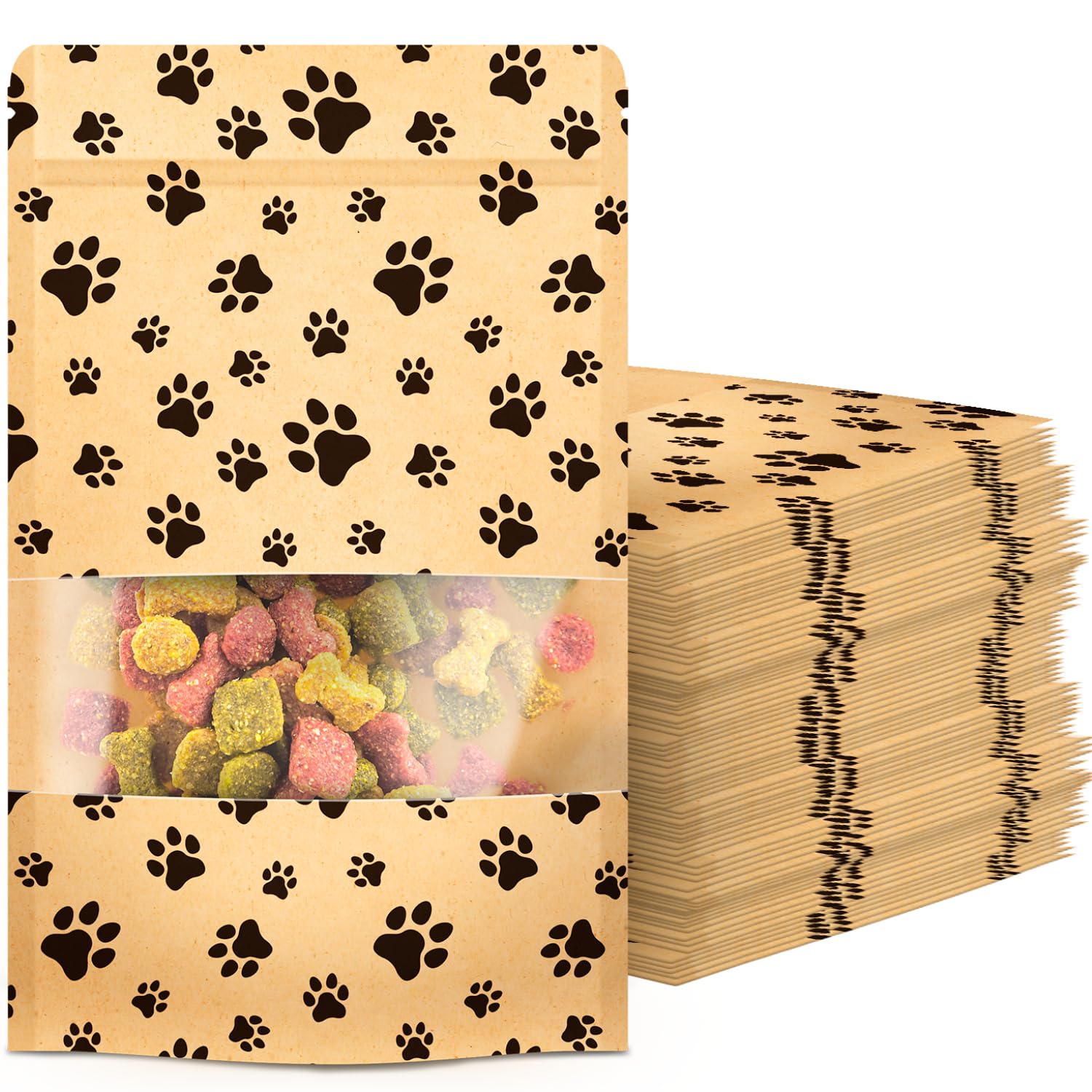 50-Pack Paw Print Dog Treat Bags by Poppy's – Perfect for Canine Delights, Secure Zip Lock Closure, Food-Safe Material, 4.7 x 7.7 Inches