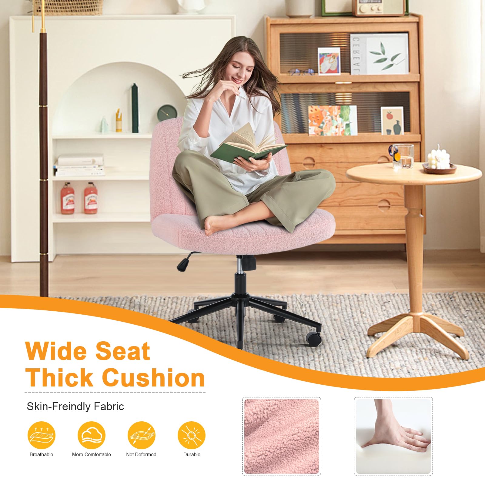 Criss Cross Legged Chair with Wheels, Home Office Desk Chair Wide Seat Fabric Armless Height Adjustable 360° Swivel Chair for Vanity/Work, Faux Fur Pink