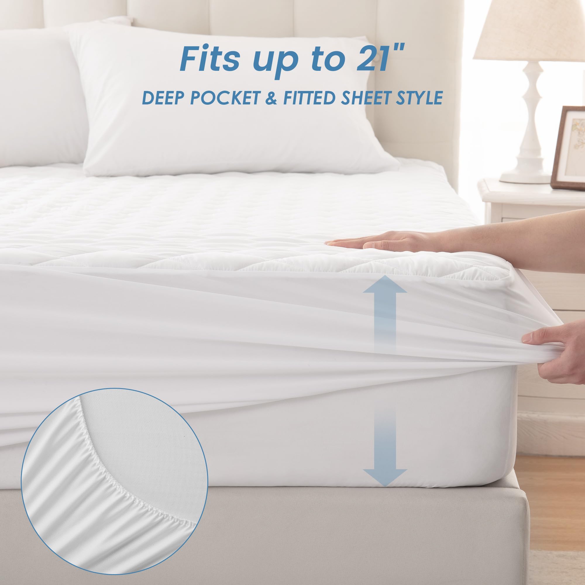 Cozymaker Queen Size Mattress Pad, 100% Waterproof Noiseless Mattress Protector Fitted 8"-21" Deep Pocket, Non Slip Breathable and Soft Quilted Fitted Mattress Topper