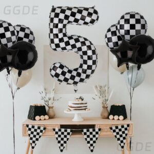 40 Inch Checkered Number Balloon 5 Black and White Race Car Birthday Balloons Baby Hippie Smile Party Shower Boys 5th Birthday Race Car Theme Party Decor Supplies 5 Pcs