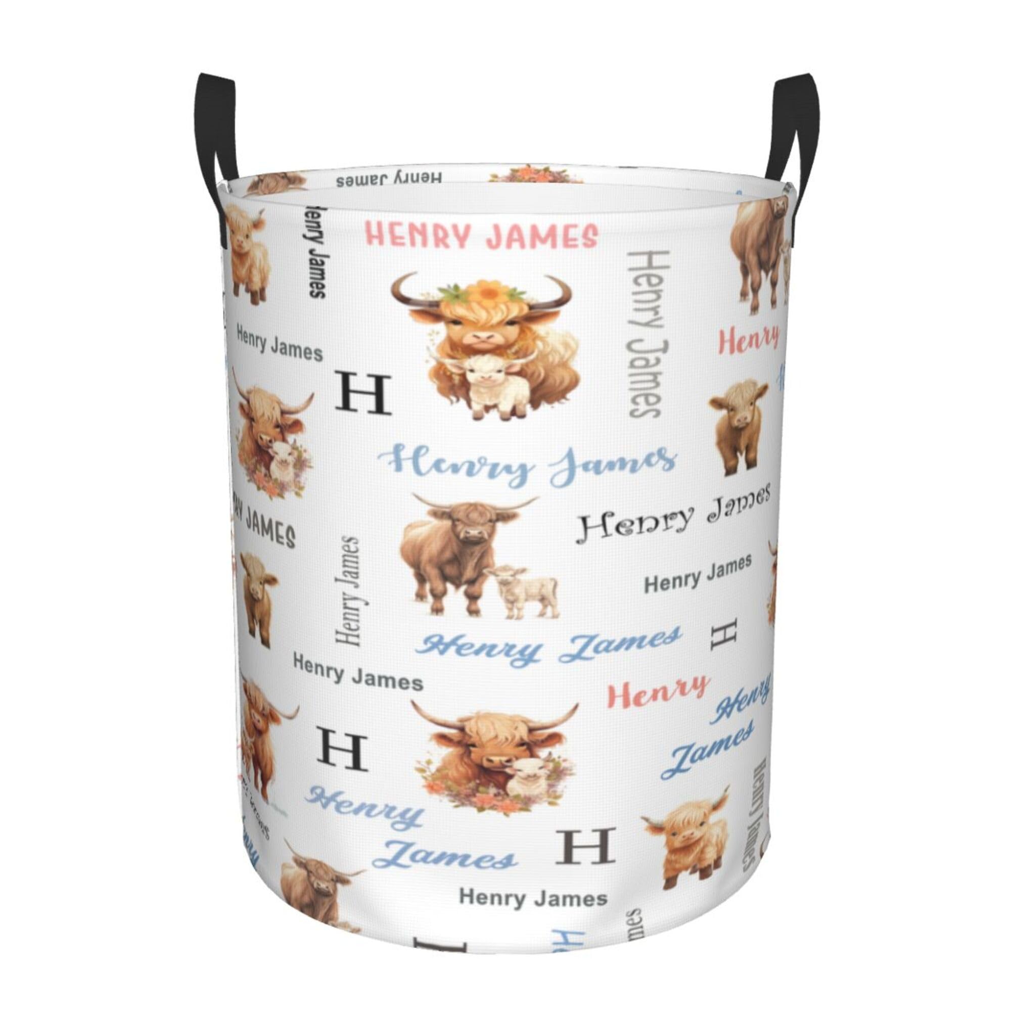 Highland Cow Baby Hamper for Nursery Girl Personalized Baby Hamper Boy with Name Round Bin with Handles Kids Collapsible Storage Organizer Basket Custom Nursery Hampers Home Decor