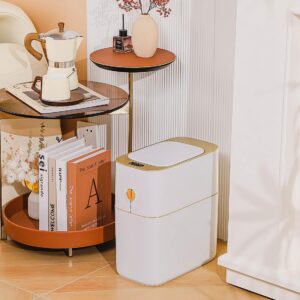 MOPALL Bathroom Trash Can Automatic Touchless,Small Motion Sensor Trash Can with Lid,4 Gallon White-Gold Narrow Smart Garbage Can,Boho Decorative Wastebasket for Bedroom,Home Office,Bathroom