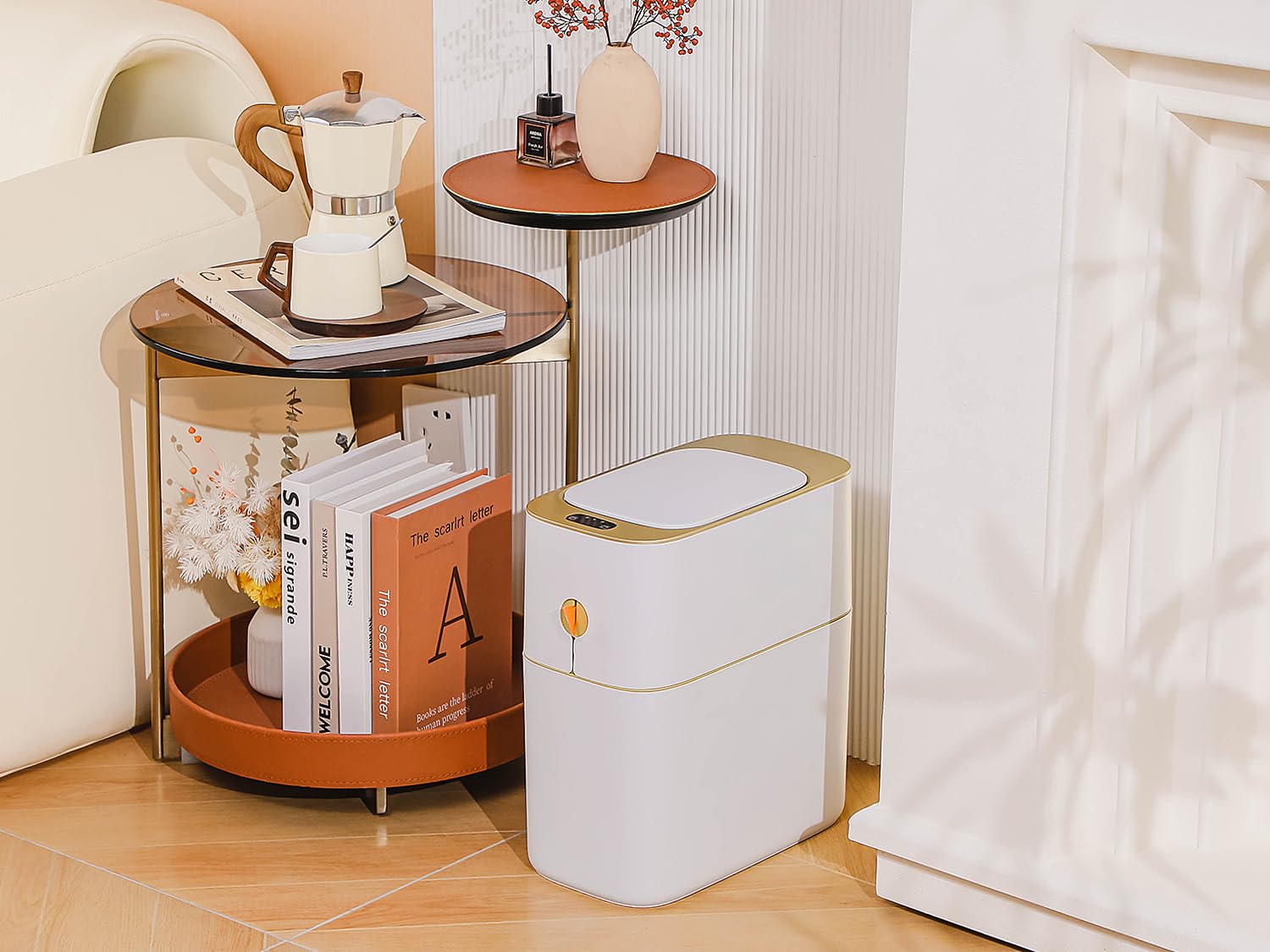 MOPALL Bathroom Trash Can Automatic Touchless,Small Motion Sensor Trash Can with Lid,4 Gallon White-Gold Narrow Smart Garbage Can,Boho Decorative Wastebasket for Bedroom,Home Office,Bathroom