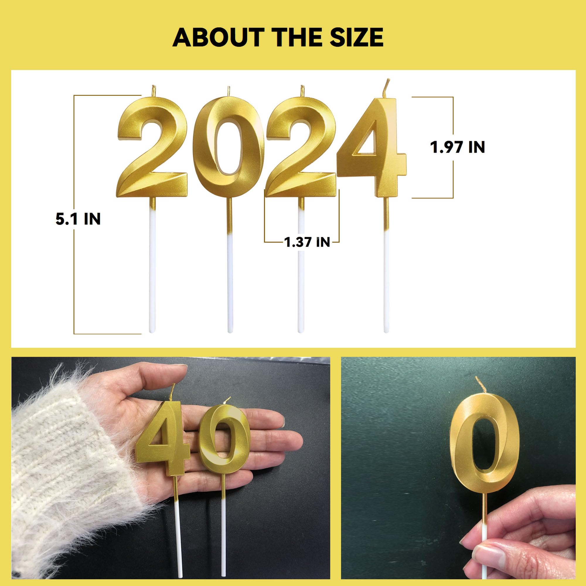 2024 Candles Graduation Decorations Class of 2024 Cake Topper Number 2024 Candle New Years Happy Birthday Party Supplies Gold Party Decor