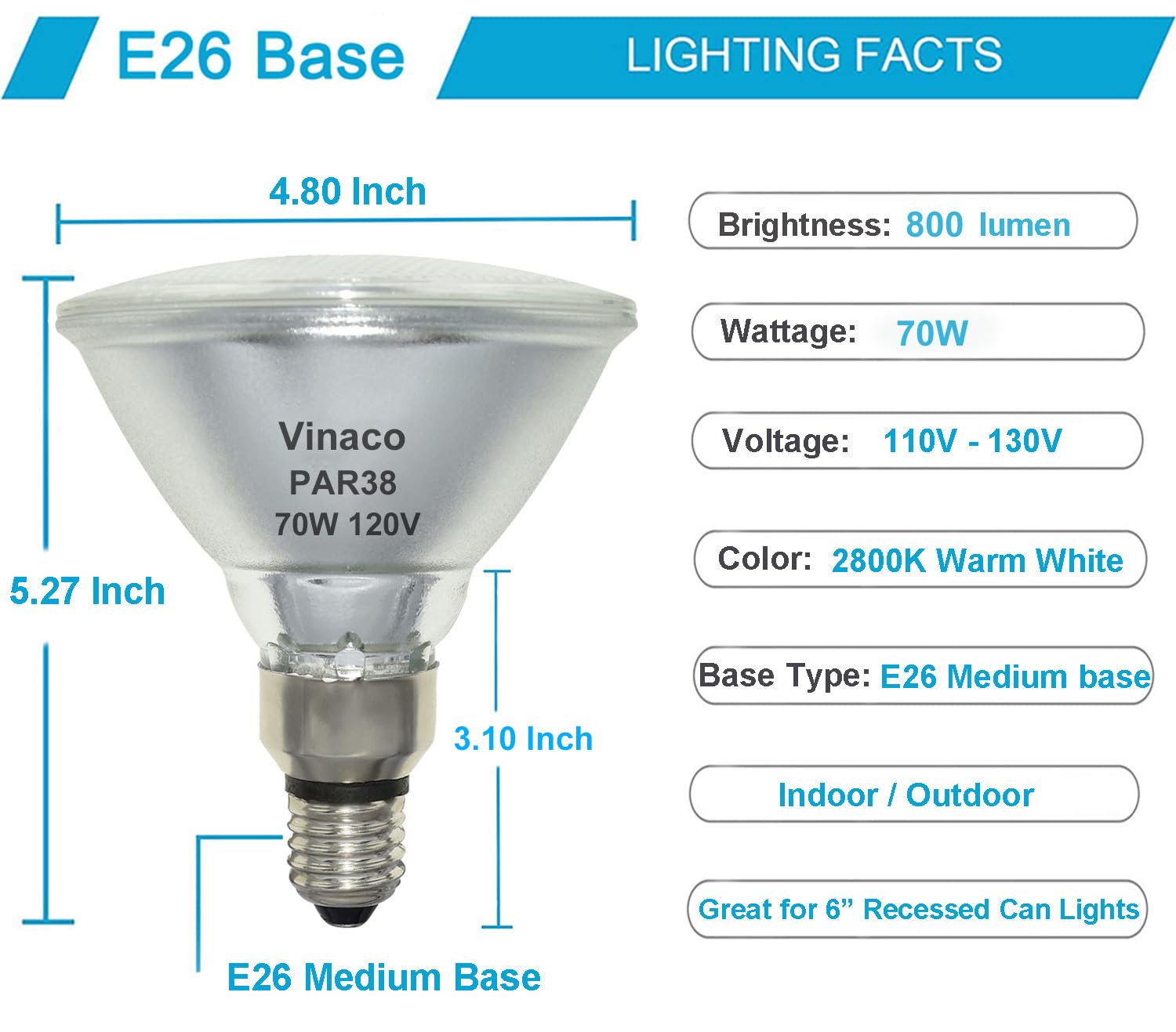 Vinaco PAR38 Flood Light，4 Pack PAR38 Halogen Flood Light Dimmable 70W 120V， High Brightness 800LM, PAR38 Bulb with E26 Base,2800K Warm White Ideal for Indoor/Outdoor