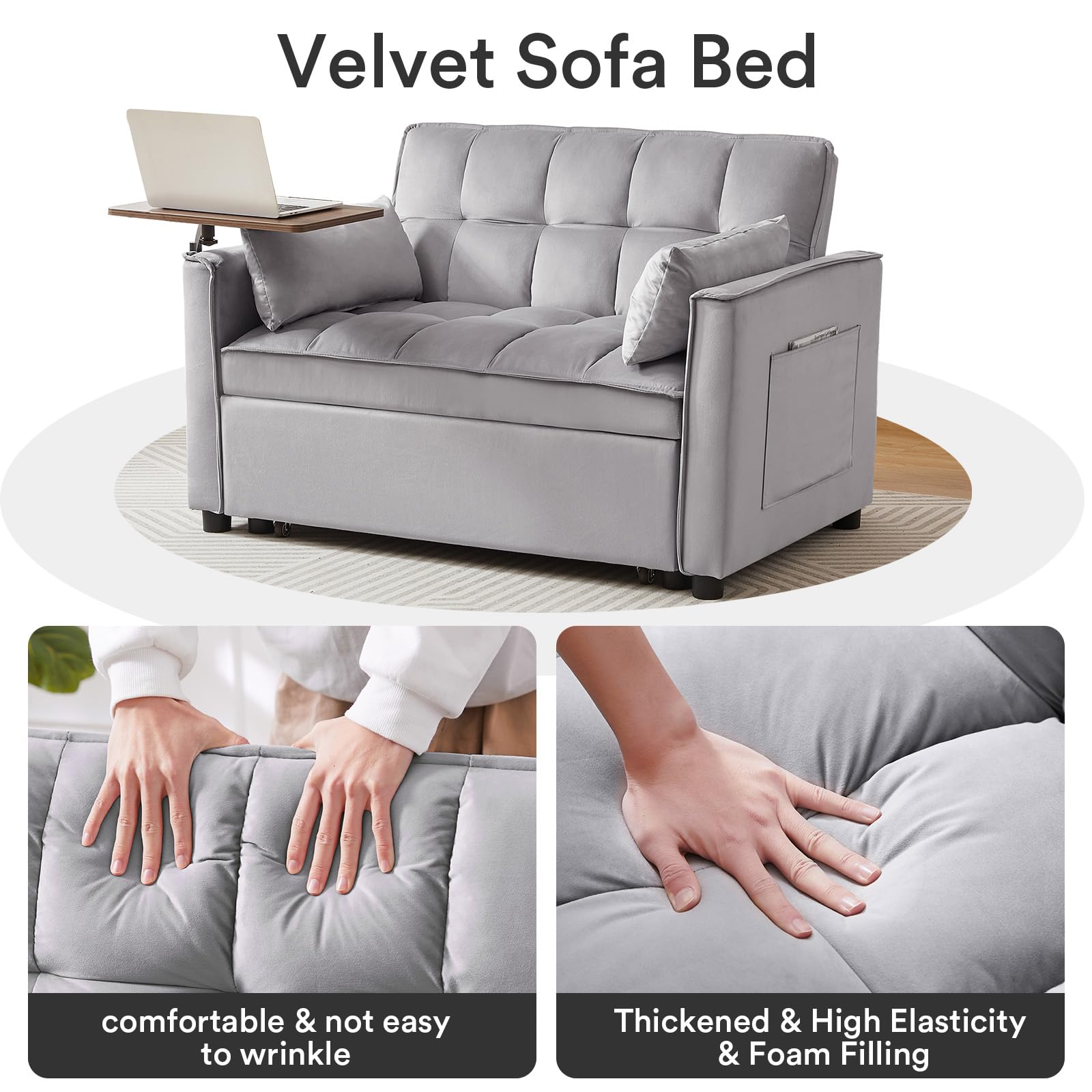 Rovibek 3 in 1 Sleeper Sofa Couch Bed Pull Out Sofa Bed Convertible Futon Loveseat Velvet 2 Seat Lounge Grey for Living Room, with Adjustable Backrest 2 Pillows Side Table