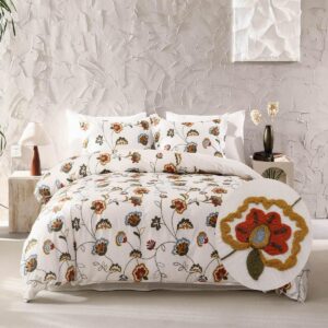 meadow park crewel embroidery cotton slub duvet cover & pillow shams set, king size, suzani pattern, bohemian bedding