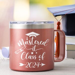 Lifecapido Graduation Gifts, 2024 High School College Masters Degree PHDGraduation Gifts for Her Daughter Niece Friends, Mastered It Class of 2024 Insulated Coffee Mug with Spoon (14 oz, Rose Gold)