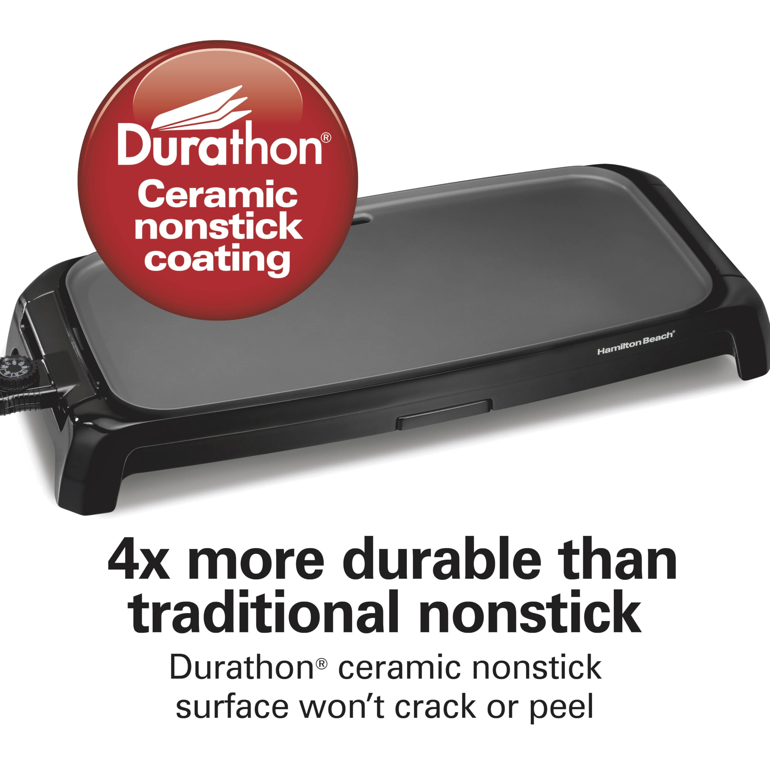 Hamilton Beach 200 Sq. In. Electric Griddle With Adjustable Temperature for 200 to 400 degrees, PTFE & PFOA Free Durathon Ceramic Reversible Nonstick Surface, Black (38522)