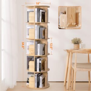 Rotating Bookshelf Tower, 5 Tiers 360 Spinning Bookshelf Revolving Bookcase Solid Wood Corner Bookshelf Organizer Display Bookshelf, 18" Wide, Natural