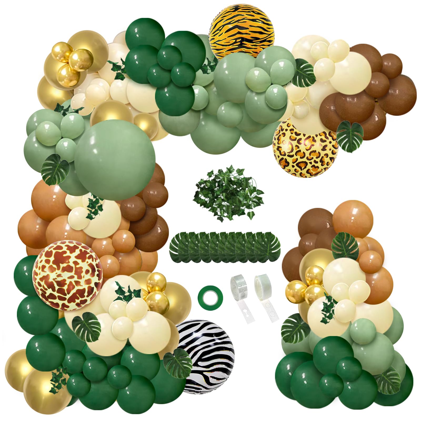 iLaFm 142pcs Safari Jungle Wild One Balloon Garland Arch Kit Sage Green and Brown Balloons with Animal Print Balloons Palm Leaves for Woodland Tropical Birthday Party Supplies Baby Shower Decorations