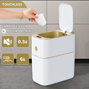 JOYBOS Bathroom Trash Can with Automatic Touchless Lid,4 Gallon Slimline Privacy Garbage Can with Motion Sensor and Waterproof Design for Bathroom, Bedroom, Toilet, Office White with Gold