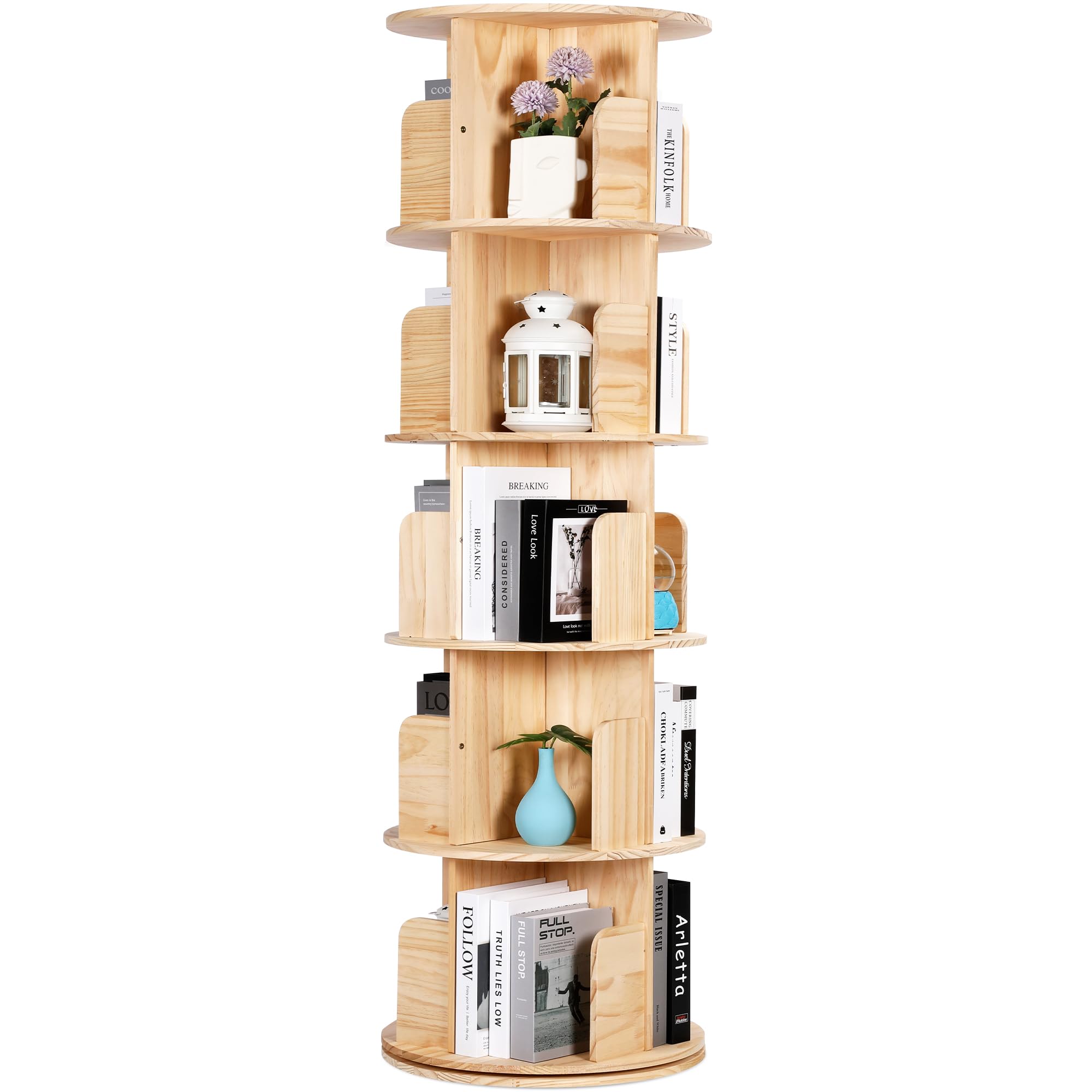 Rotating Bookshelf Tower, 5 Tiers 360 Spinning Bookshelf Revolving Bookcase Solid Wood Corner Bookshelf Organizer Display Bookshelf, 18" Wide, Natural