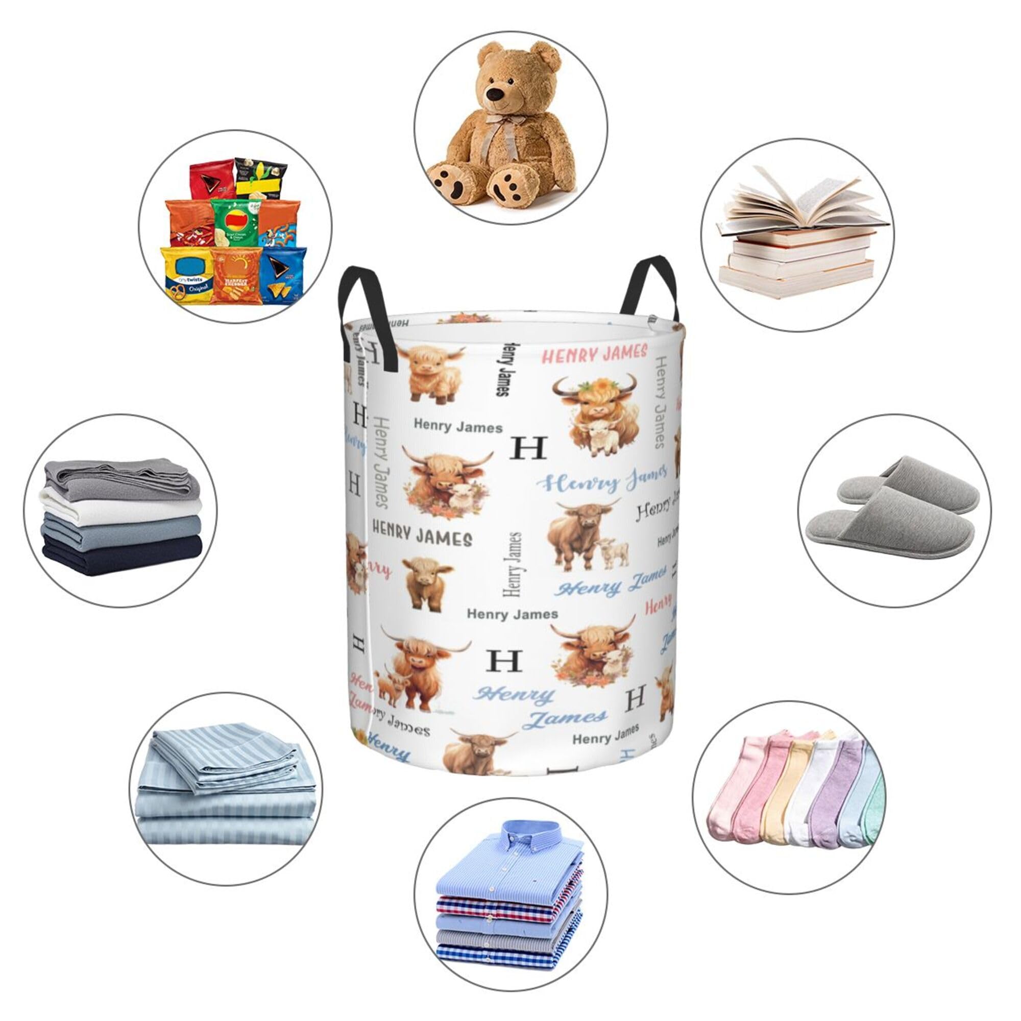 Highland Cow Baby Hamper for Nursery Girl Personalized Baby Hamper Boy with Name Round Bin with Handles Kids Collapsible Storage Organizer Basket Custom Nursery Hampers Home Decor