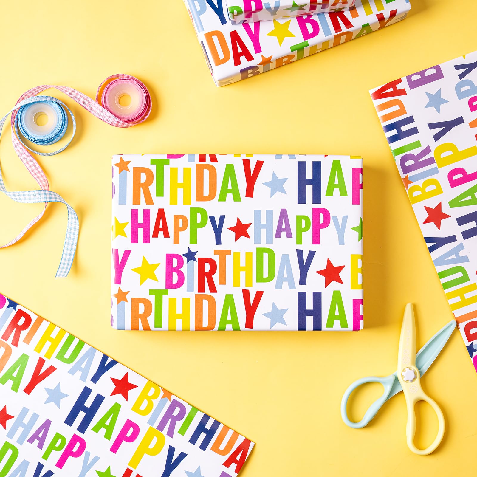 WRAPAHOLIC Birthday Wrapping Paper Sheet - 6 Sheets Colorful Happy Birthday Design Folded Flat for Birthday, Baby Shower, Party, Holiday - 19.7 Inch X 27.5 Inch Per Sheet